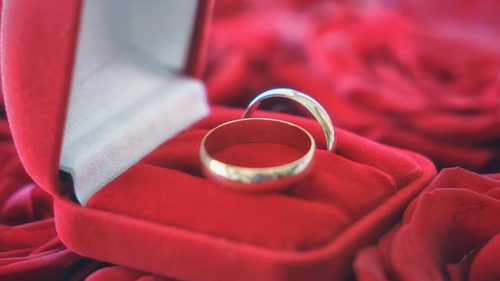 Свадебные кольца в коробочке на розах